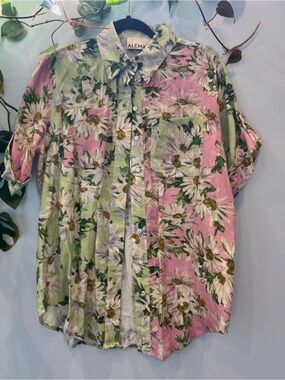 Alemais Pink and Green Daisy Print Button-Down Shirt 100% Linen US Size 2
